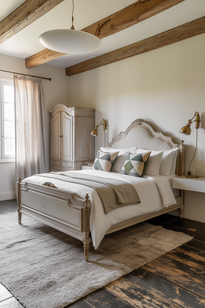 mix of antique and modern decor in a French bedroom