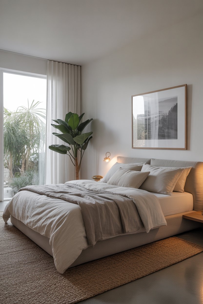 : Modern minimalist guest bedroom with clean lines, neutral tones, and Scandinavian-inspired decor