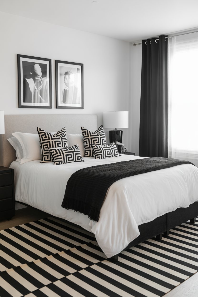 Monochrome black and white guest bedroom with bold geometric patterns, chic art, and stripe rug