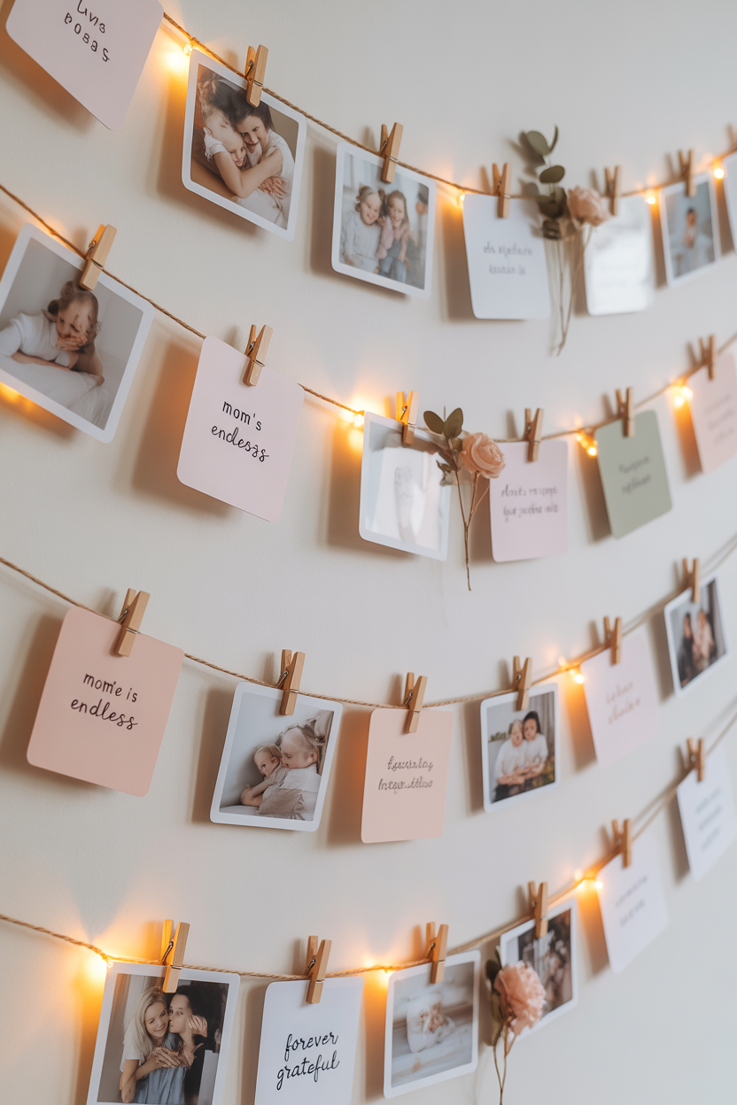 Heartfelt DIY Mother’s Day photo wall with fairy lights and quotes.