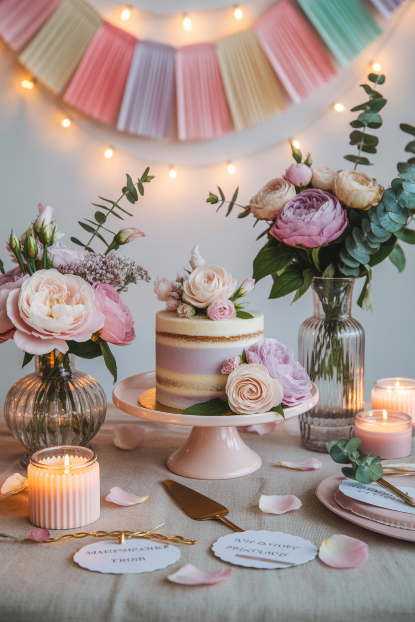 DIY Mother’s Day dessert table setup with cake and pastel decorations