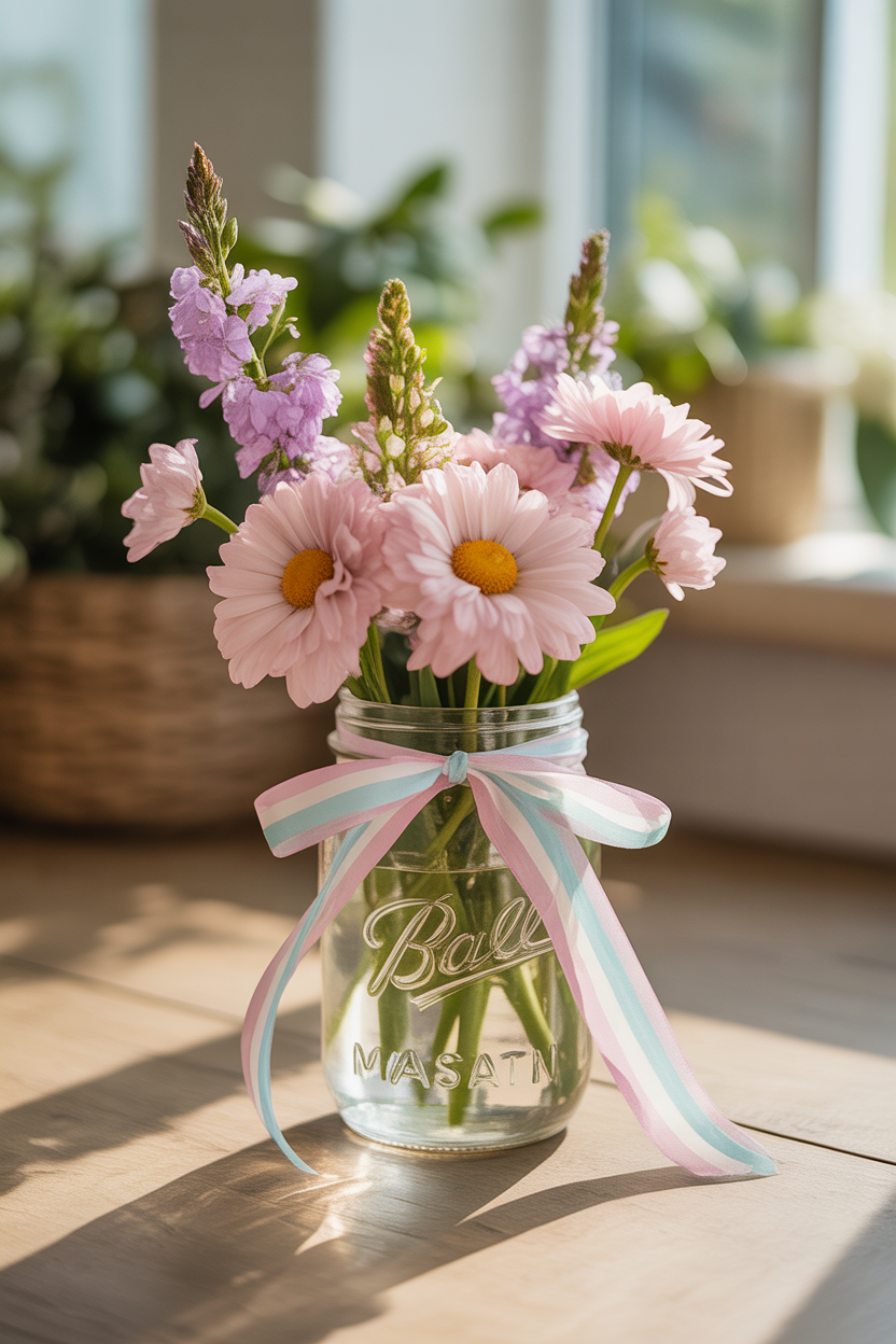 DIY floral mason jar arrangement for Mother’s Day table decor