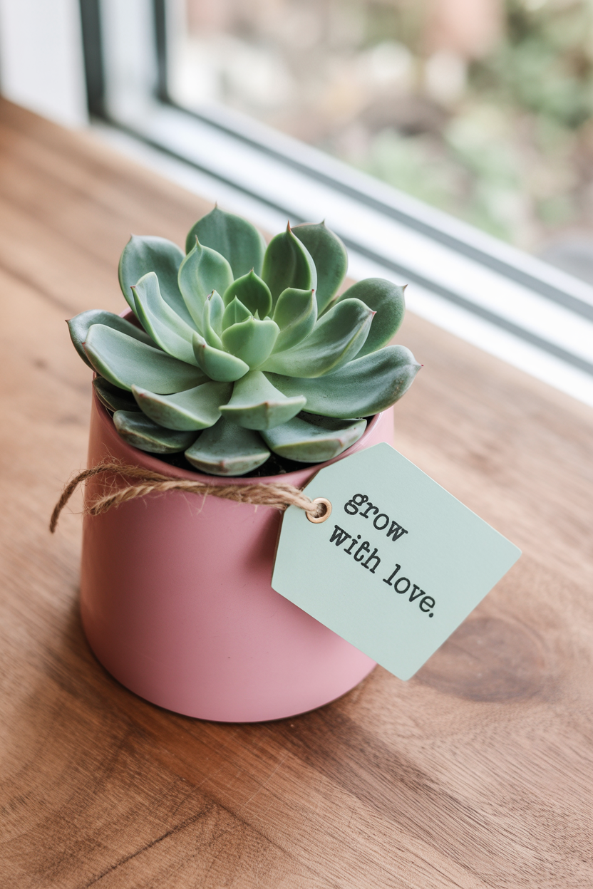 DIY small indoor plant gift for Mother’s Day with personalized tag