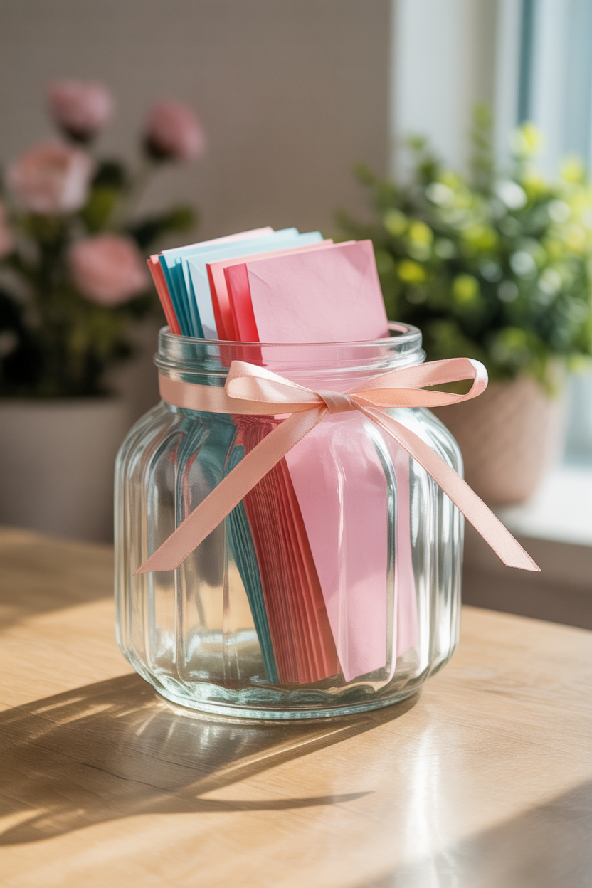 DIY love notes jar for Mother’s Day, colorful messages in a decorated jar