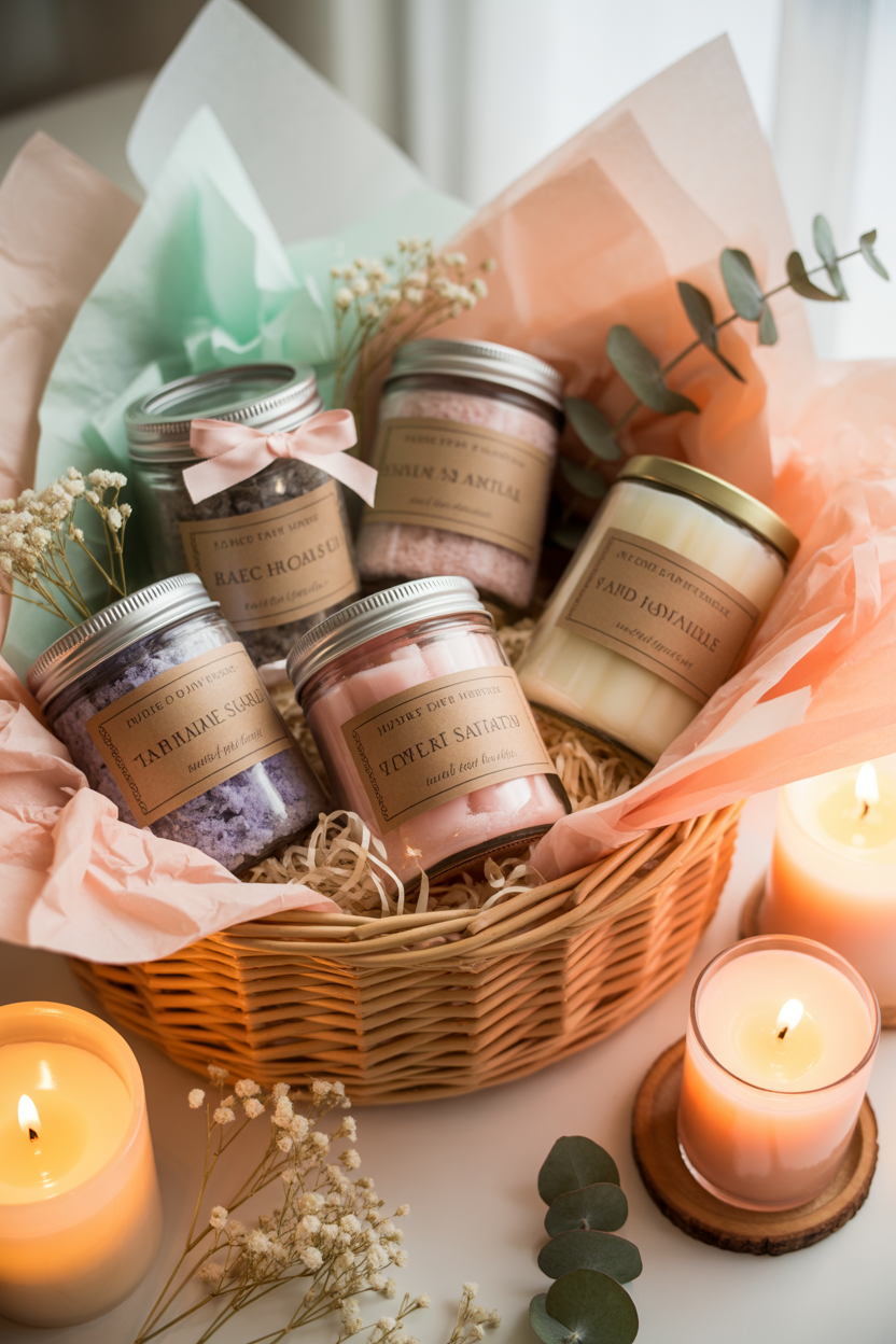 DIY spa gift basket with homemade scrubs and candles for Mother’s Day
