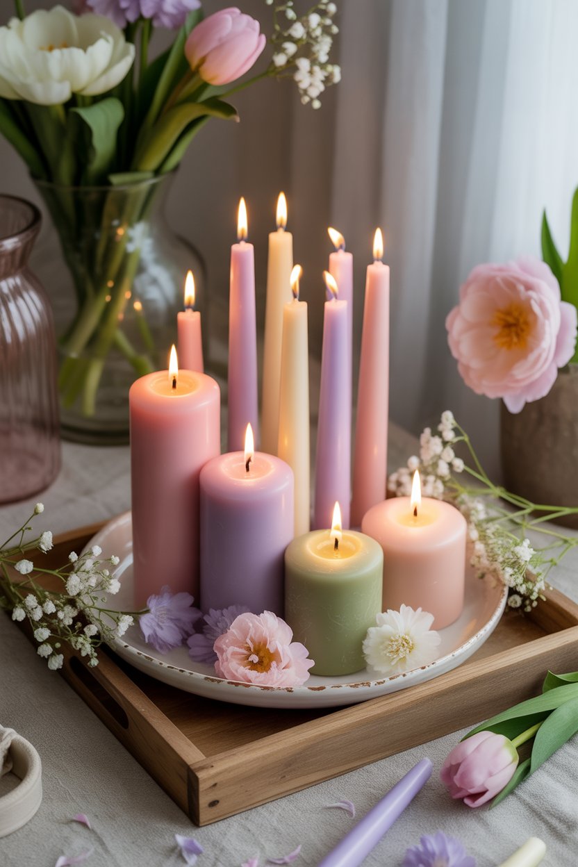 Mother’s Day candle setup with flowers and soft lighting