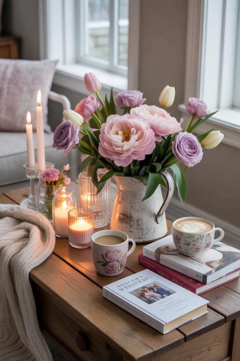 Mother’s Day coffee table with flowers, candles, and books