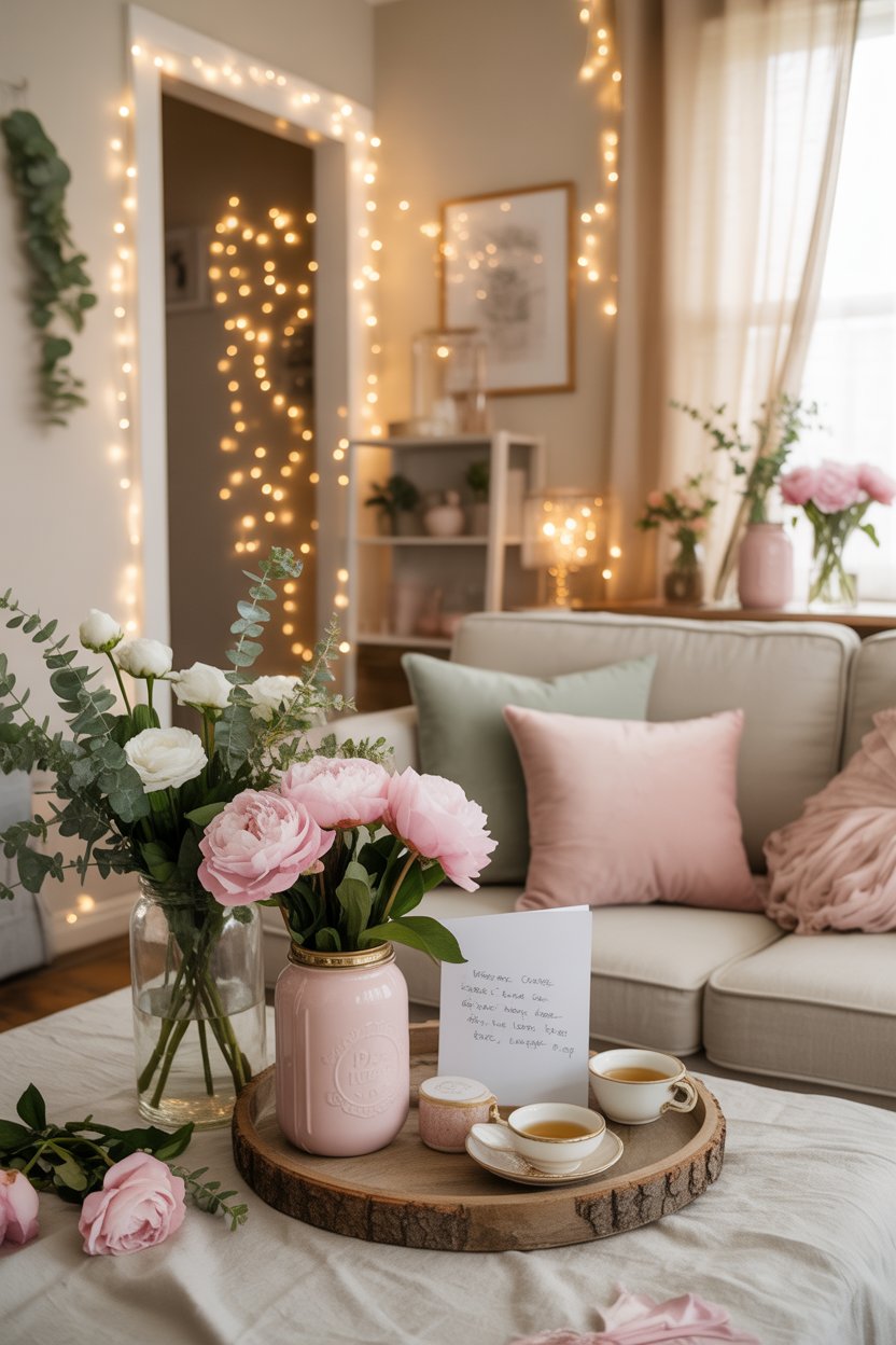 Cozy home with fairy lights and floral decorations