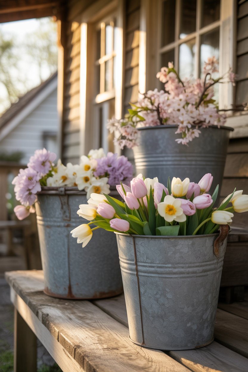 Bright spring floral arrangement at home entrance