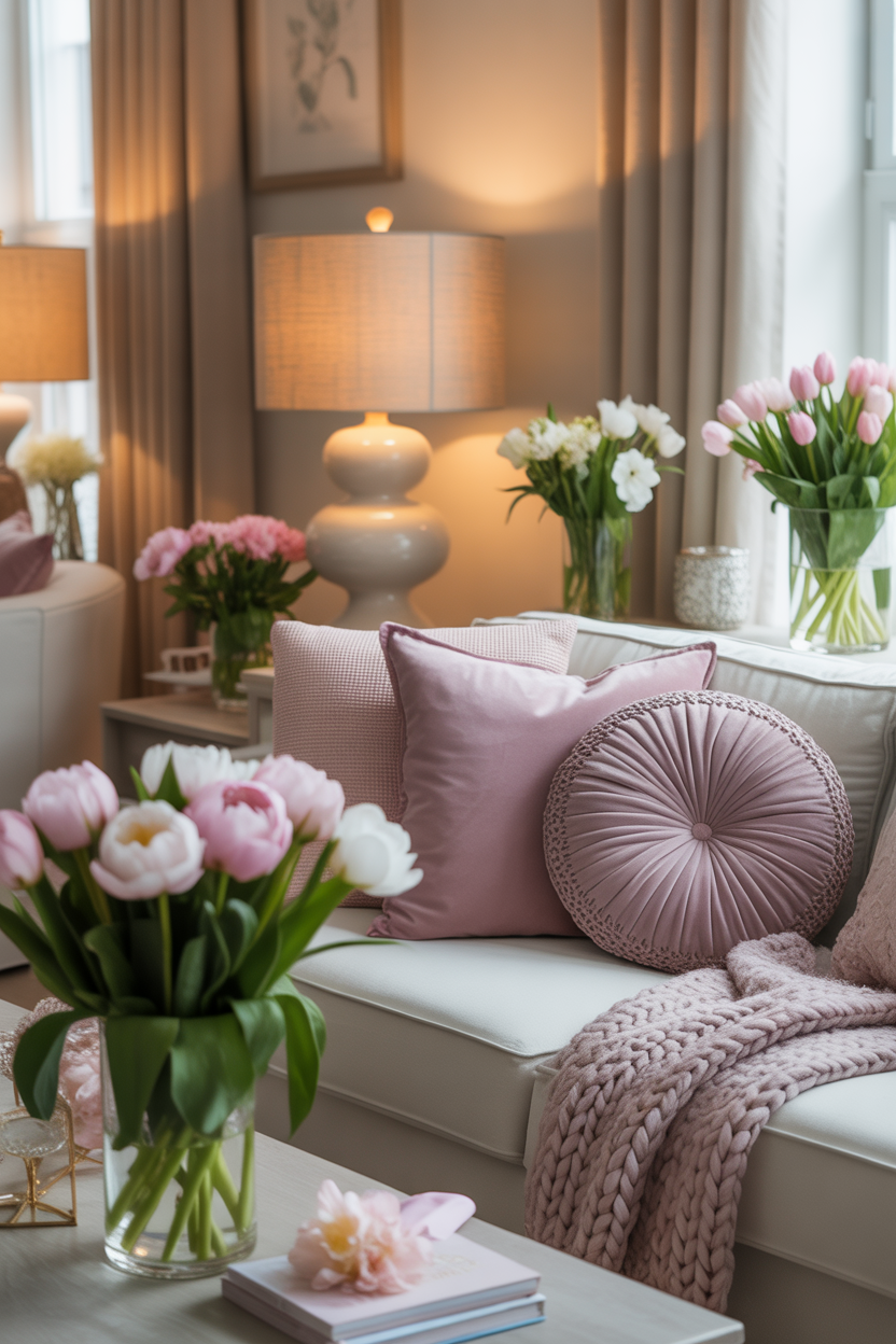 Cozy living room with pastel pillows, throws, and flowers