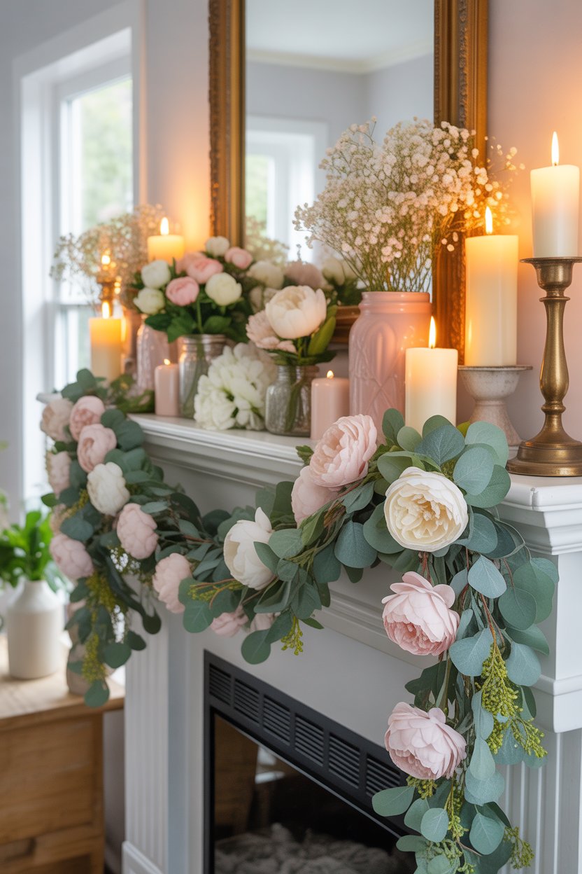 Decorated mantel with candles, flowers, and pastel garland