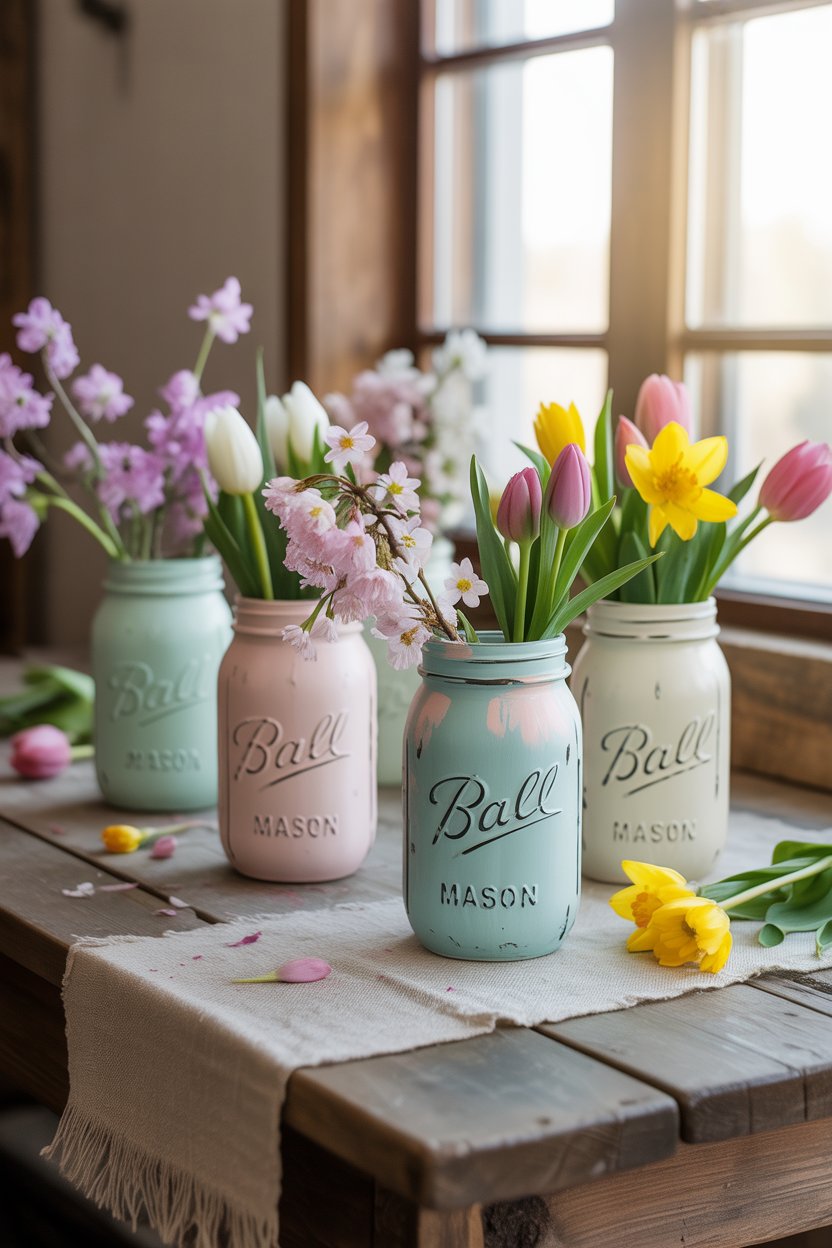 Painted mason jar vases with fresh spring flowers