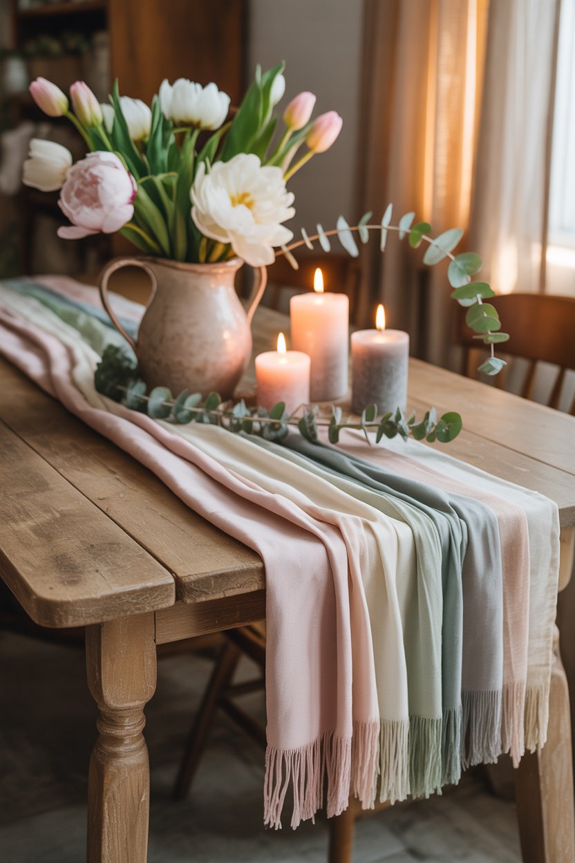 DIY pastel table runner with flowers and candles on dining table