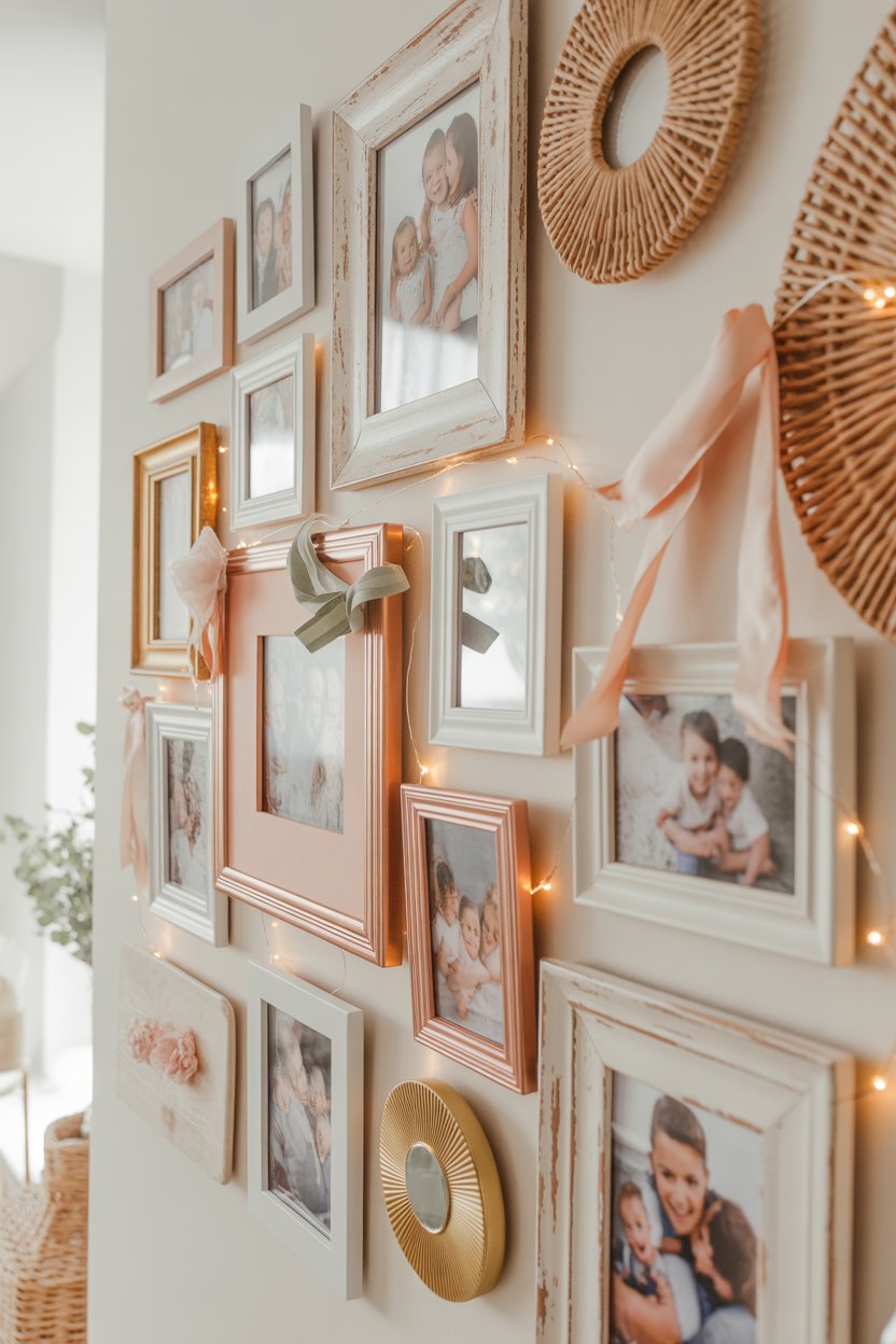 Mother’s Day photo wall with family pictures and pastel frames