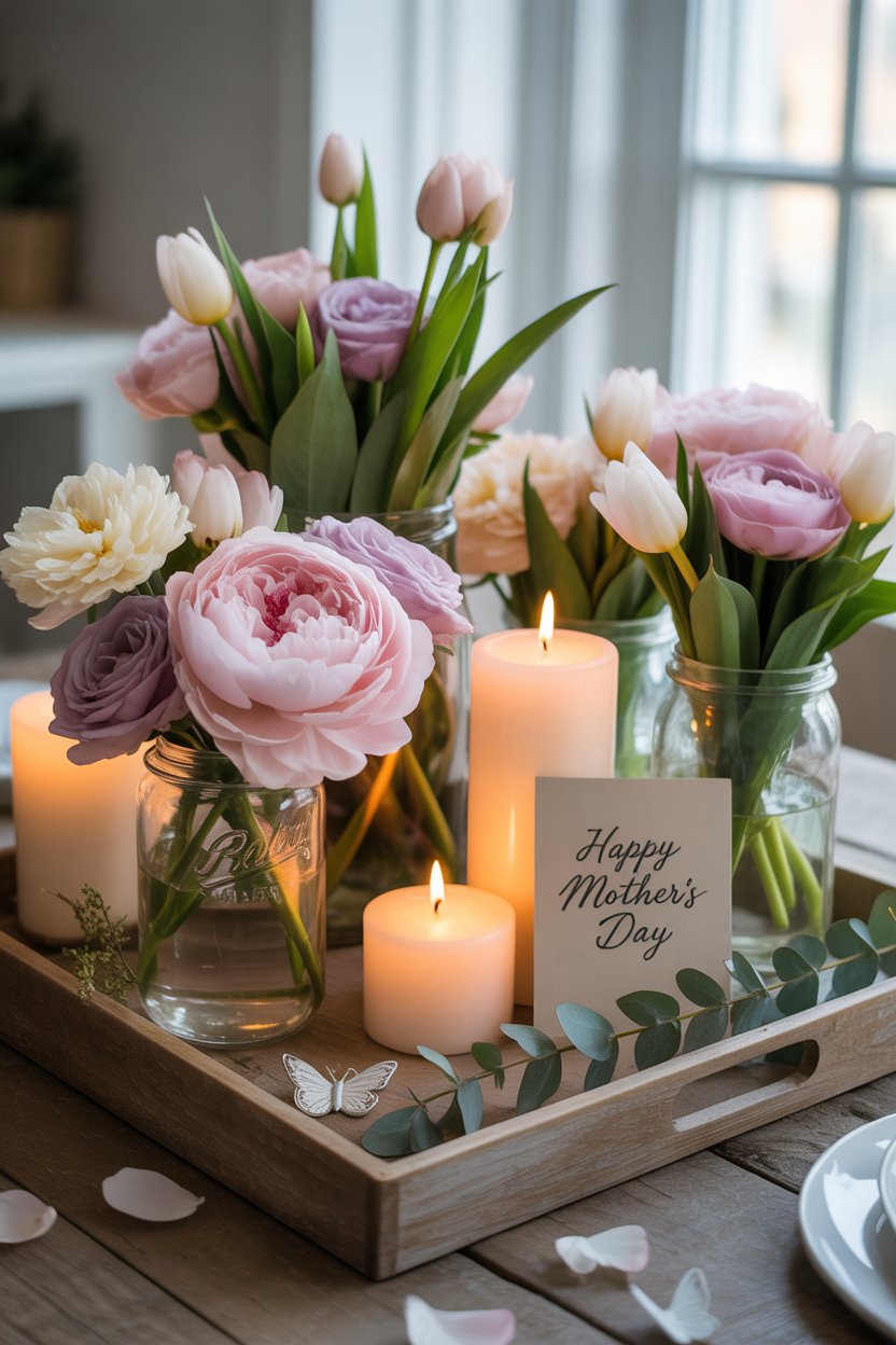 Mother’s Day table centerpiece with flowers and candle