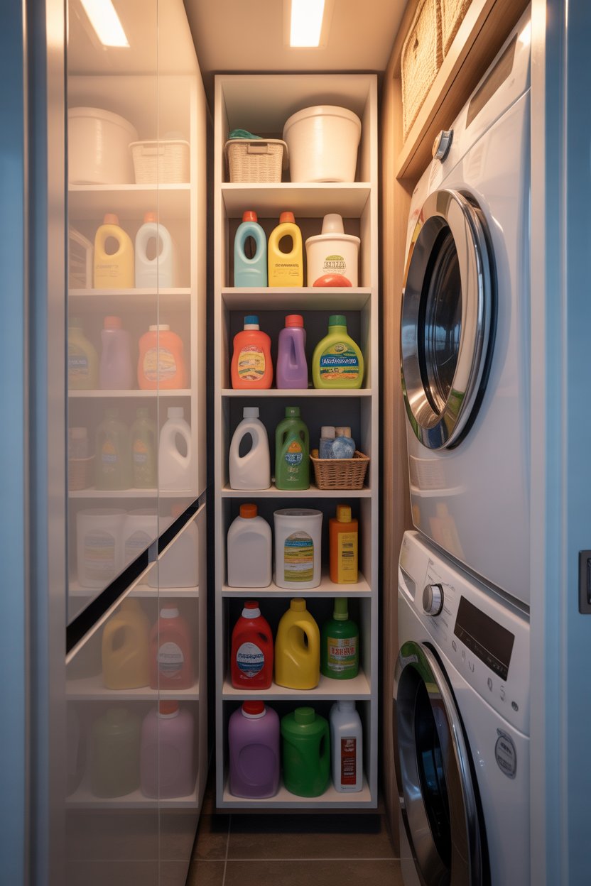 Install slim shelves between the washer and the wall to store detergent bottles and cleaning supplies