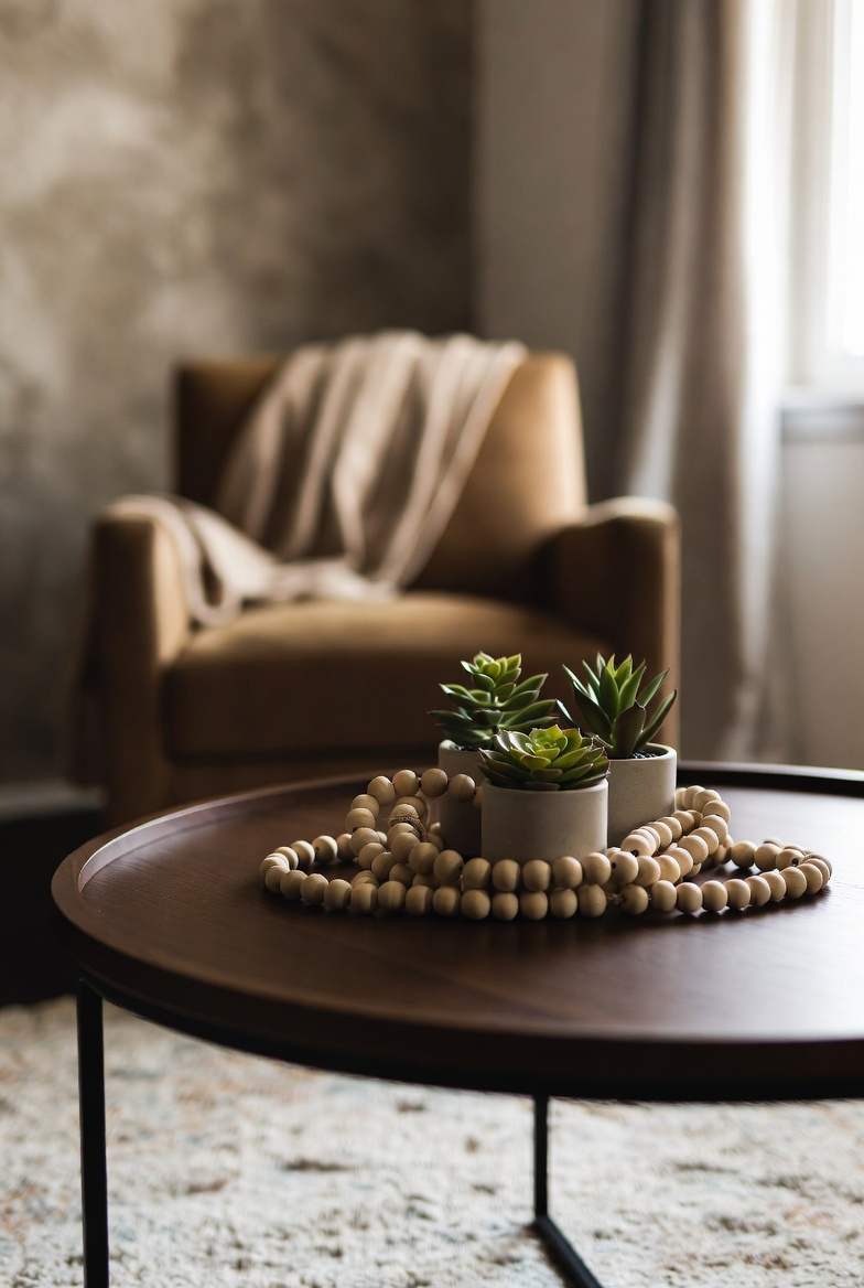 Natural decor elements on a round coffee table