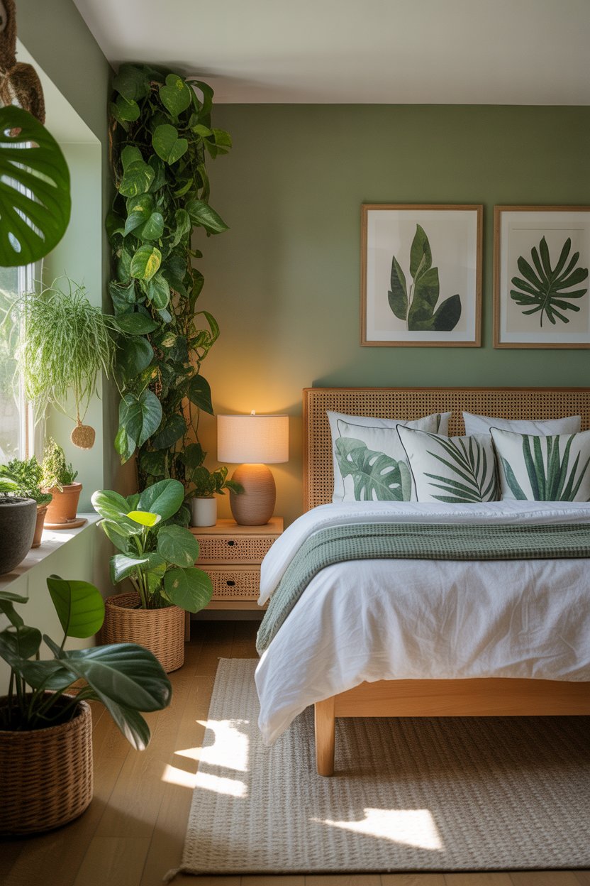 Nature-inspired green guest bedroom with indoor plants, wood furniture, and botanical decor