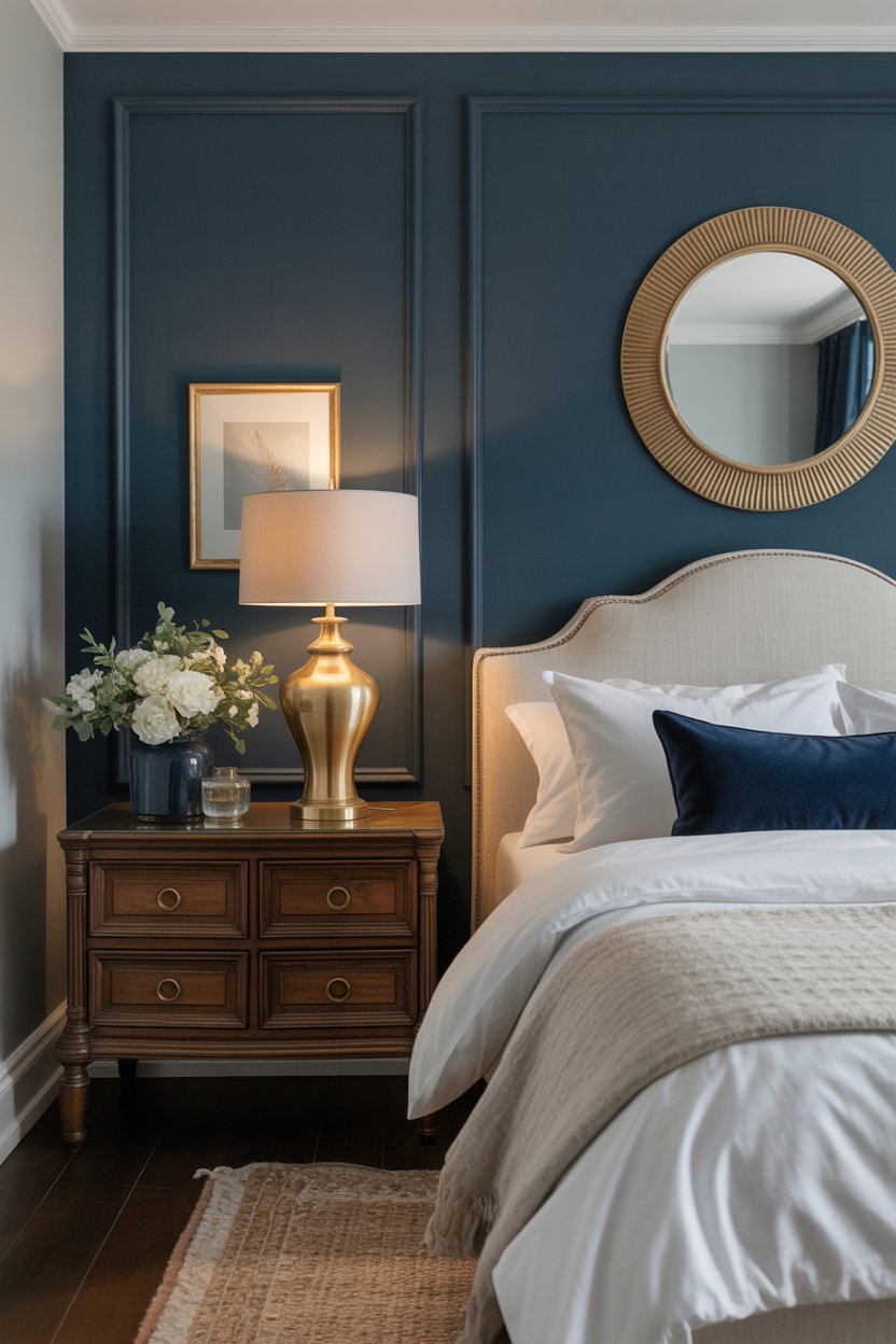Elegant navy blue and brass guest bedroom with white bedding and sophisticated, timeless decor