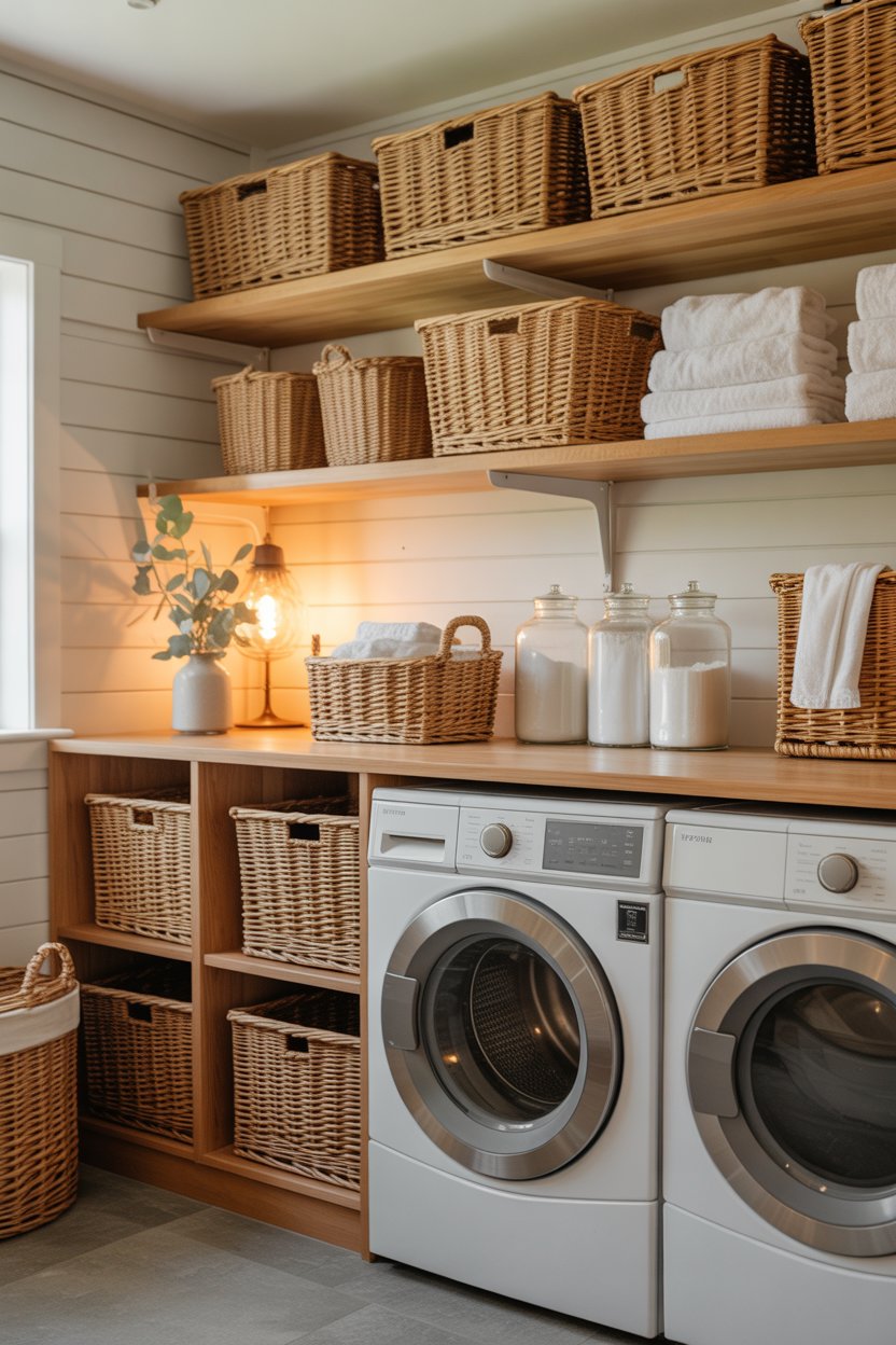 Laundry room open shelves with woven baskets and folded towels for organized storage