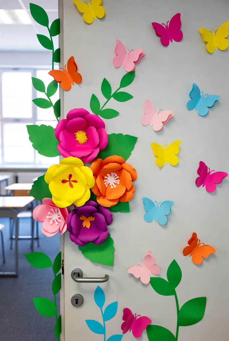 classroom door decorated with colorful paper flowers and student names