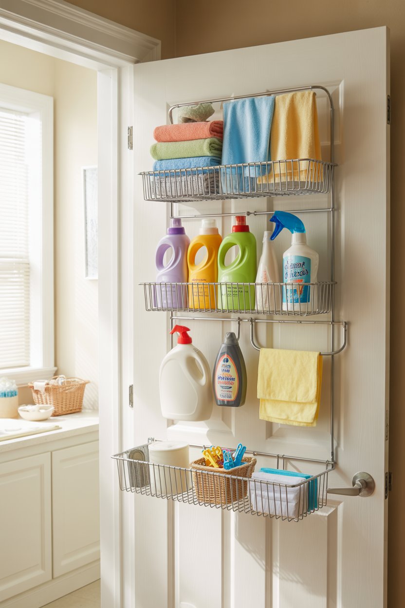 Over-the-door laundry room shelf organizer storing cleaning supplies
