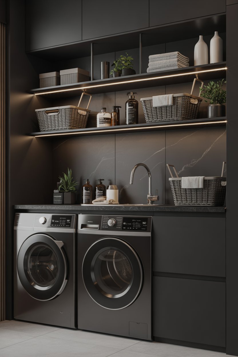 Long storage shelf above the washer and dryer with jars and towels in a minimalist laundry room.