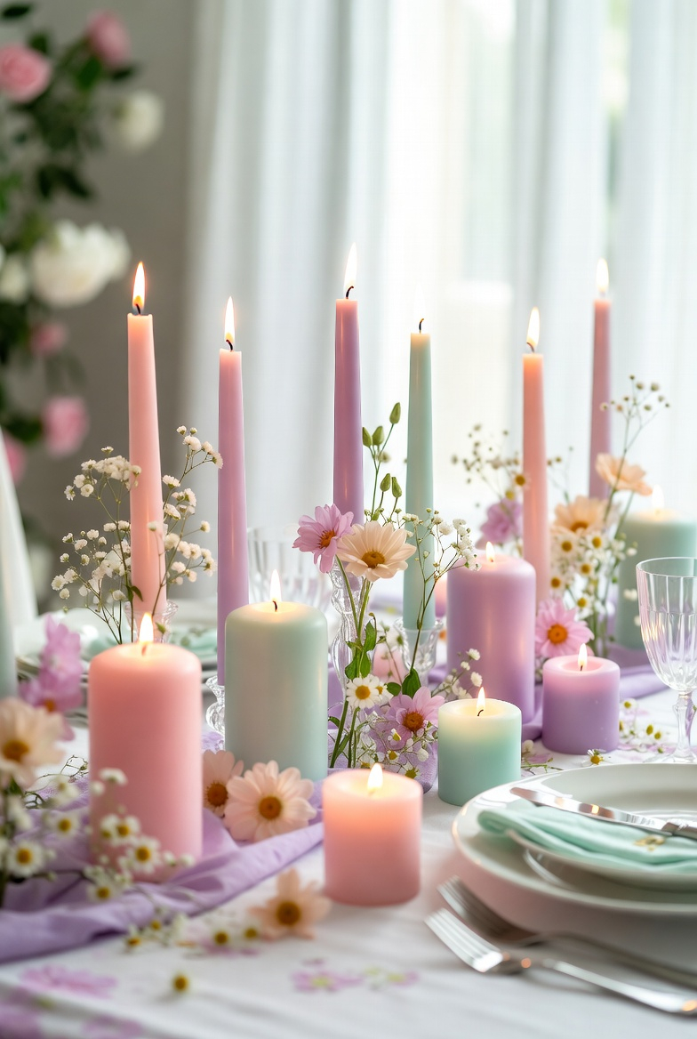 pastel candle spring centerpiece with flowers