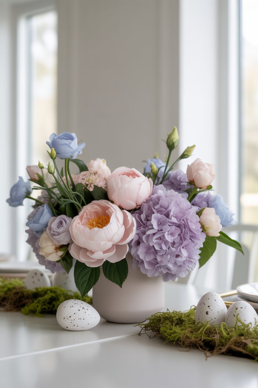 tulip easter table floral arrangement in a glass vase