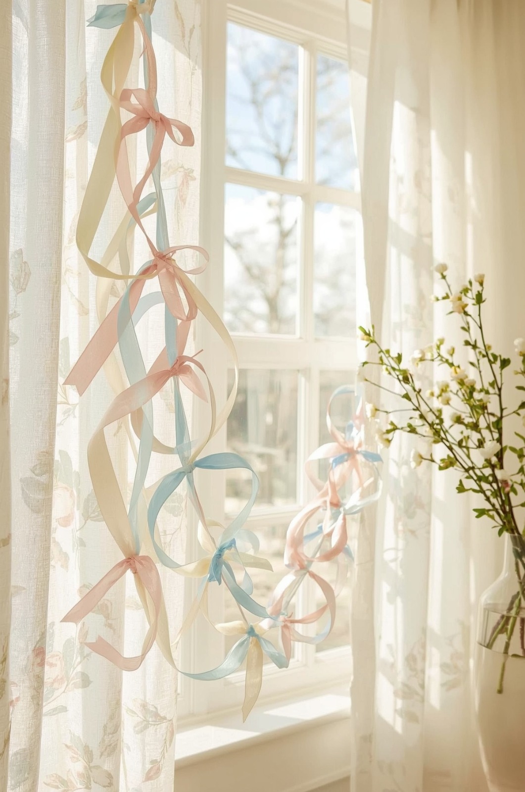 Pastel ribbon Spring Easter Garland decorating a sunny window