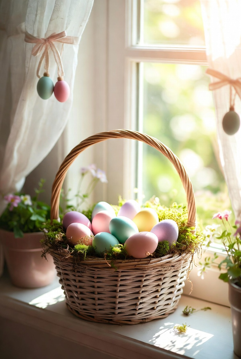 Pastel ribbon curtain ties with Easter decorations