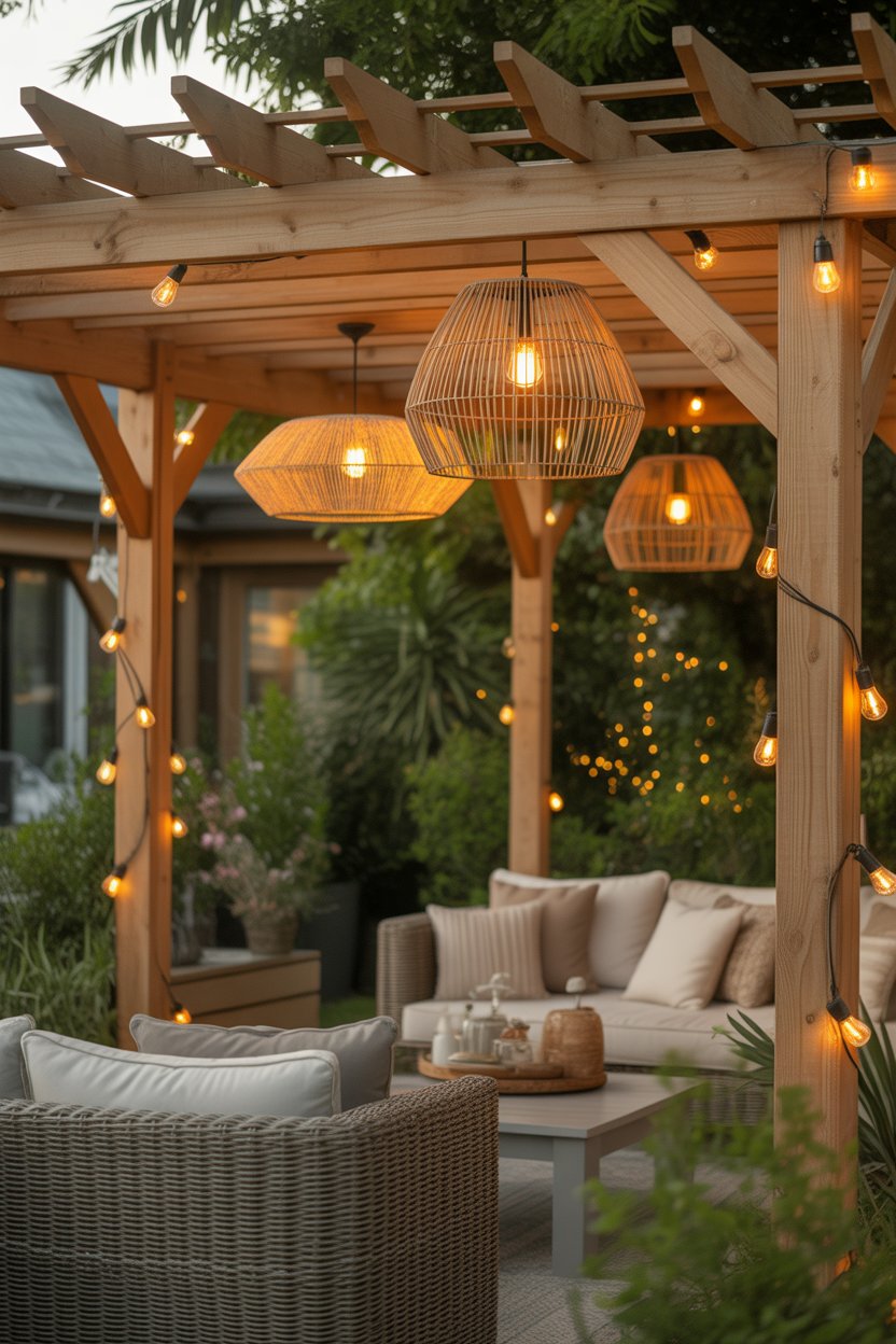 Pergola with rattan pendant lights over backyard seating