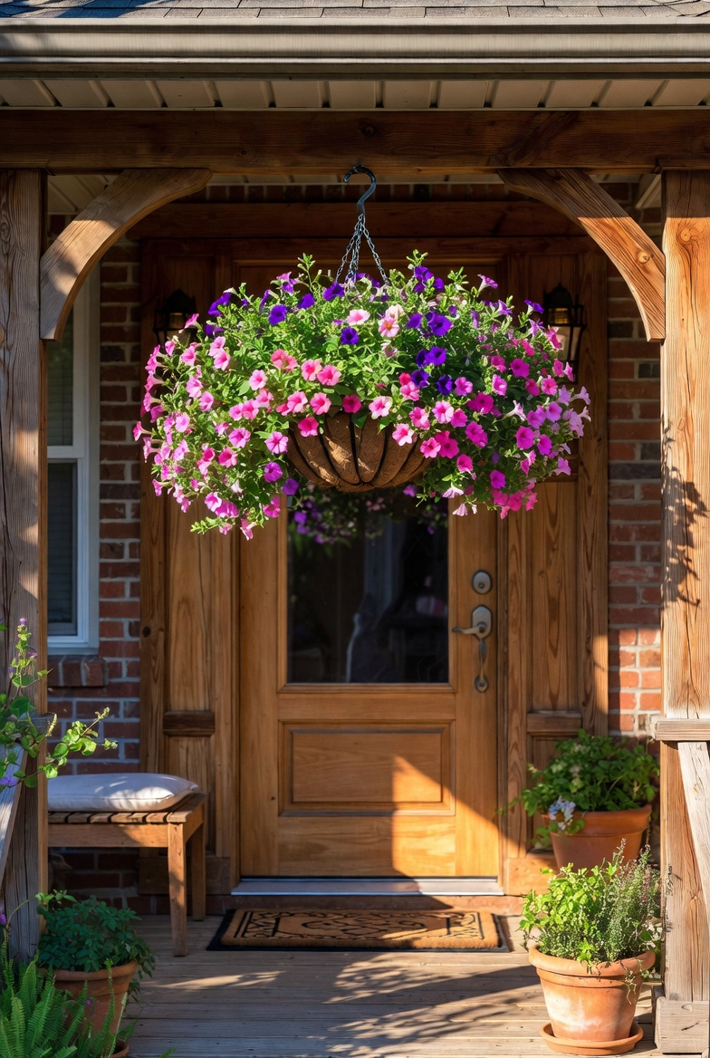 Pink and purple petunia hanging basket decorating a front porch