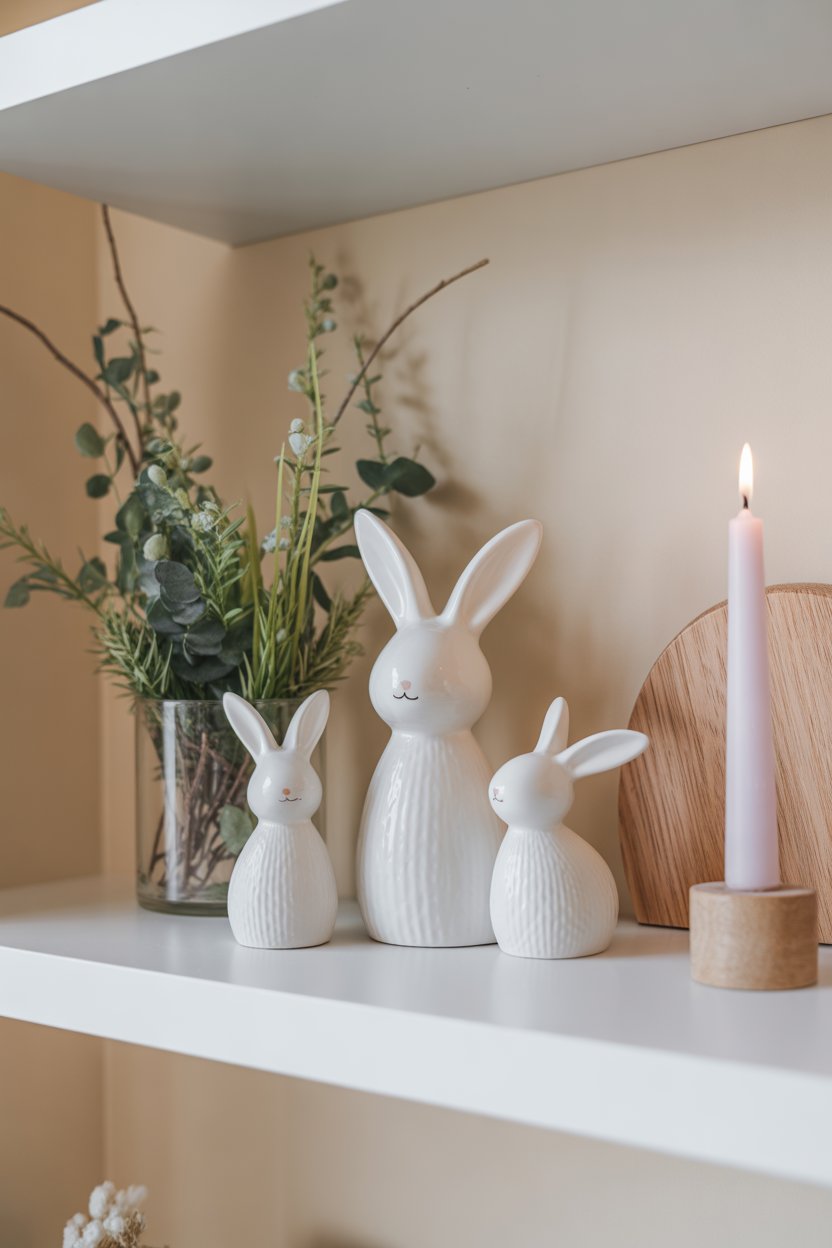 Playful Bunny Figurine Shelf Display for Spring