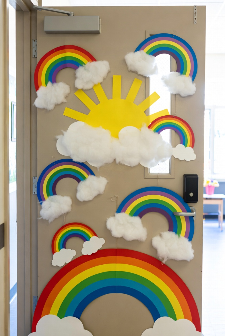 classroom door decorated with rainbow, white clouds, and yellow sun cutouts, spring theme