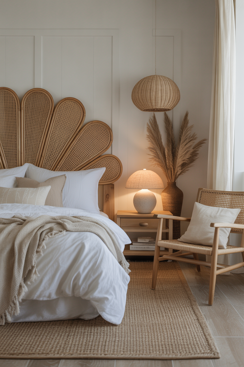 Coastal bedroom with rattan furniture and neutral decor