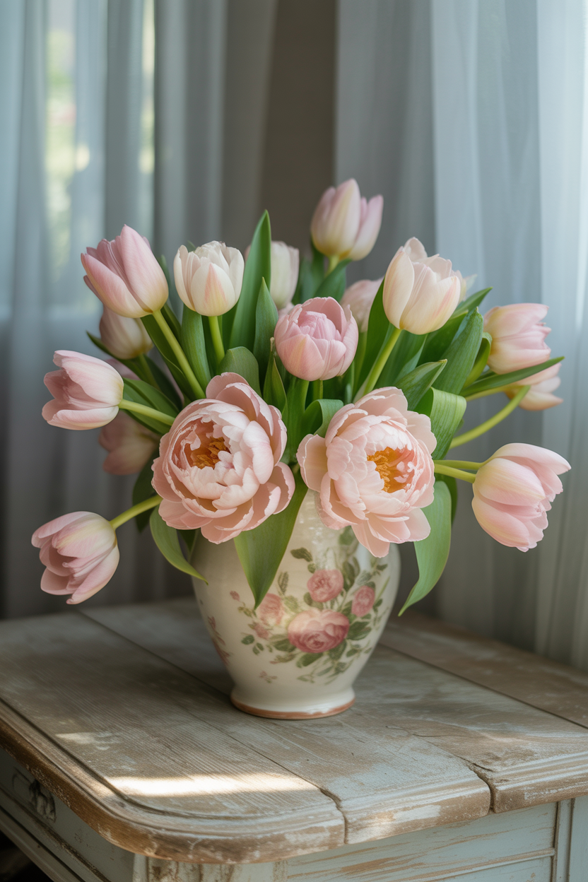 French Easter floral centerpiece with soft pastel flowers