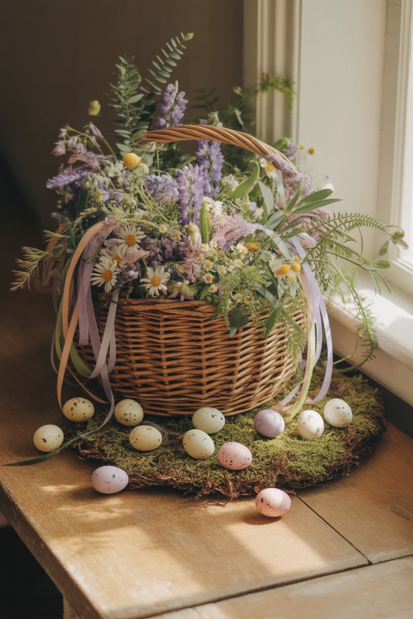 rustic easter basket flower arrangement with wildflowers