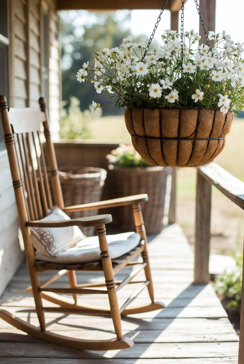Rustic farmhouse-style hanging basket on a front porch