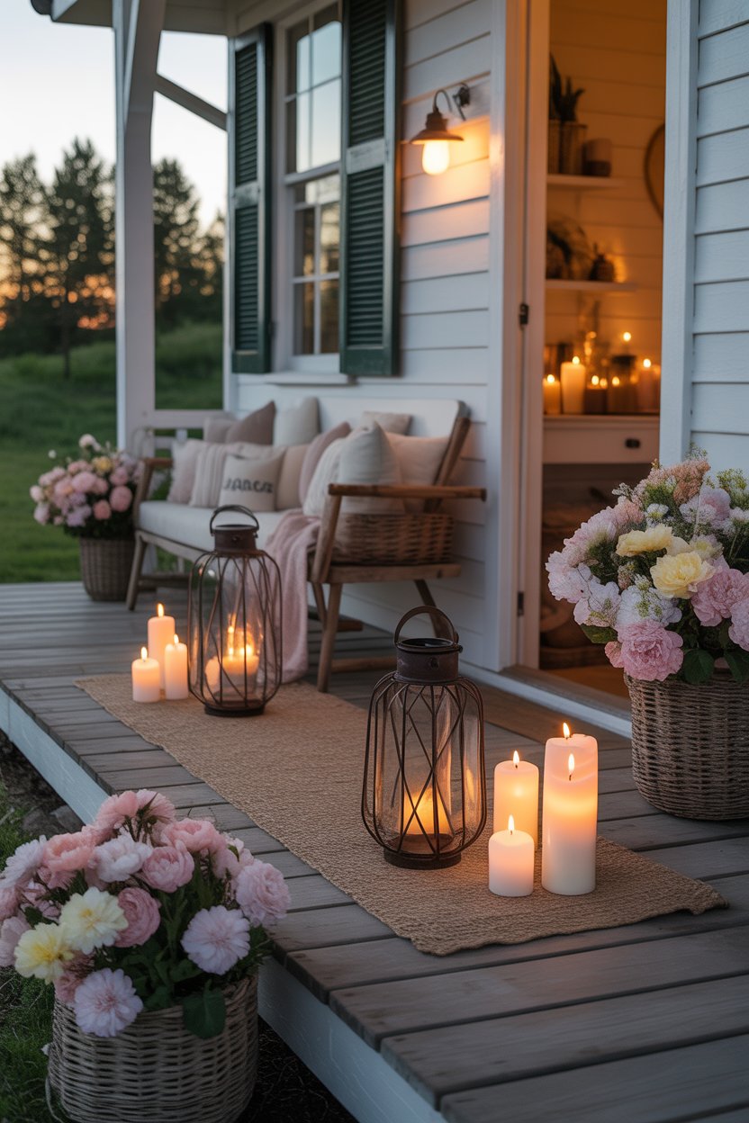 Farmhouse porch with rustic lanterns, lit candles, pastel flowers around, cozy spring ambiance.”
