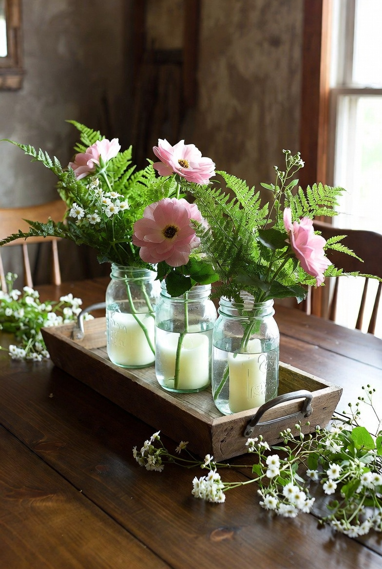 rustic farmhouse spring centerpiece with wooden tray and flowers