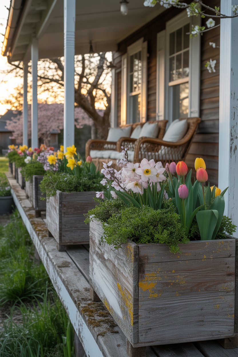 Rustic wooden planter boxes with blooming spring flowers on a charming farmhouse porch.