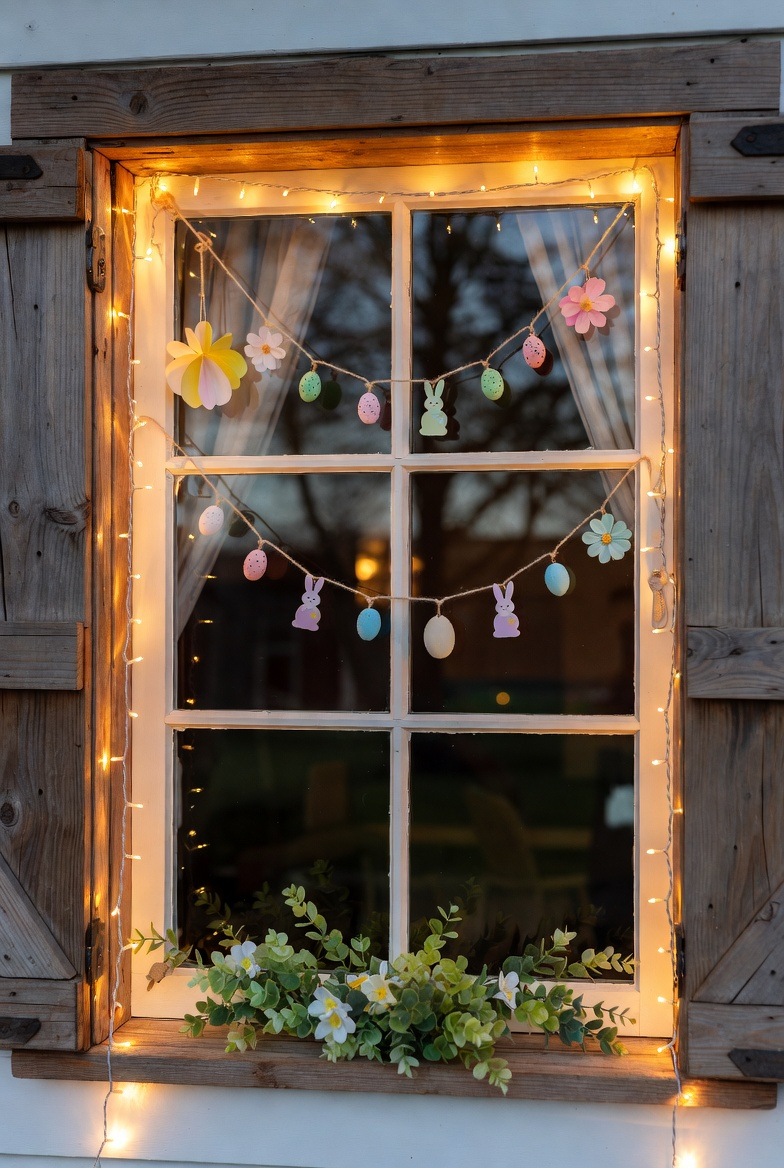 Rustic farmhouse-style Easter window with wooden bunny decoration