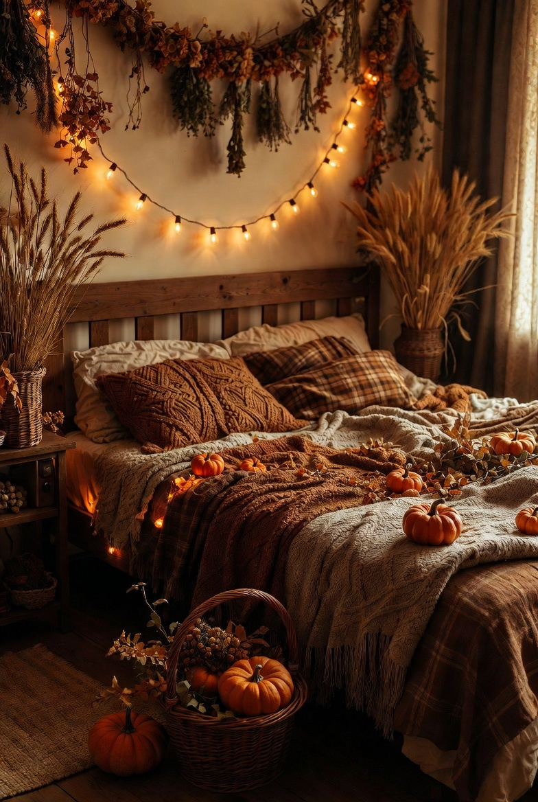 Seasonal witchy bedroom decor with autumn elements