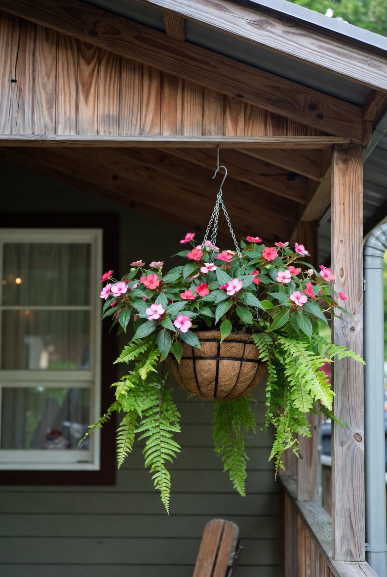 Shade-loving flower hanging basket on the porch