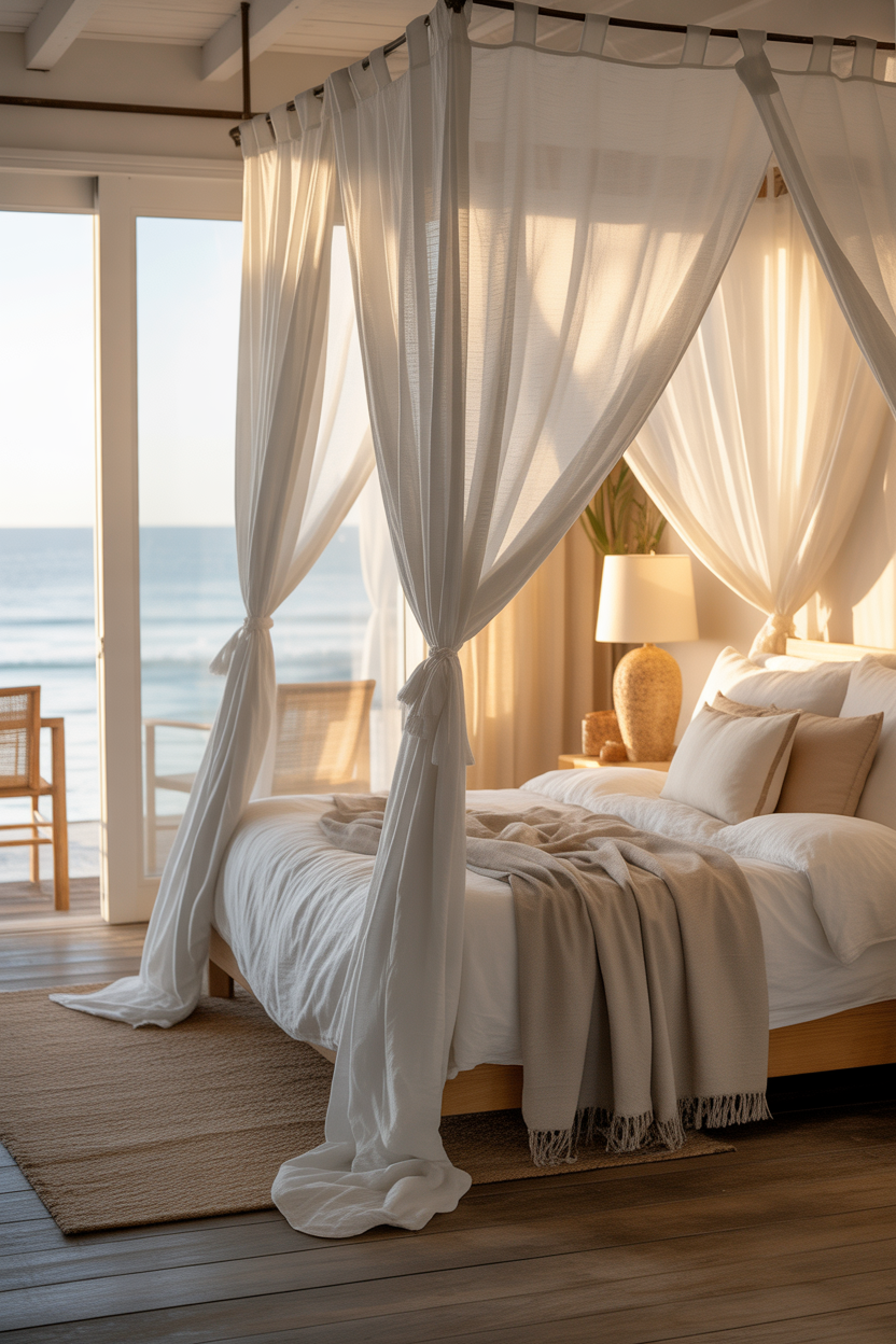 Sheer curtains in a coastal bedroom with soft natural light