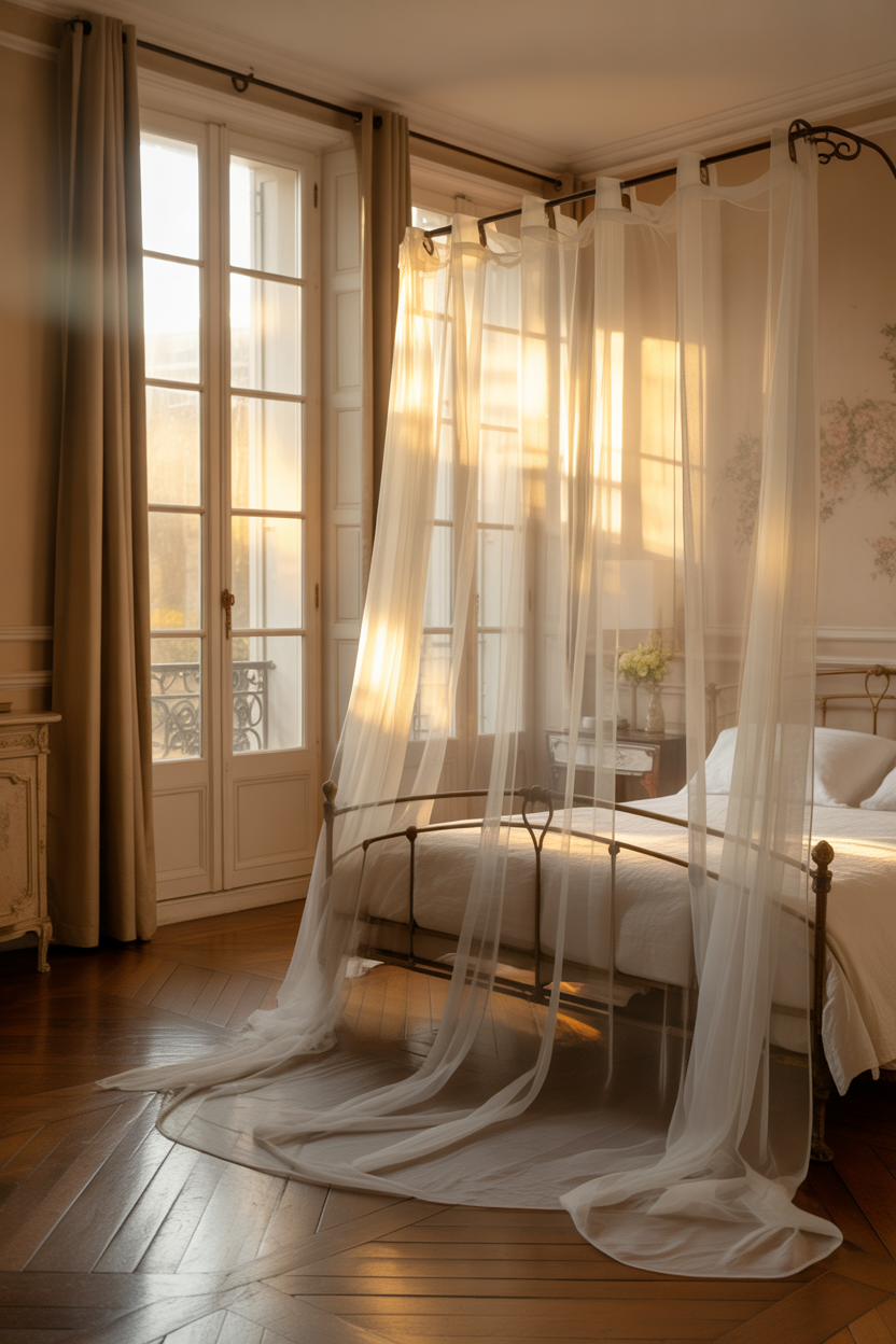 sheer curtains in a bright French bedroom