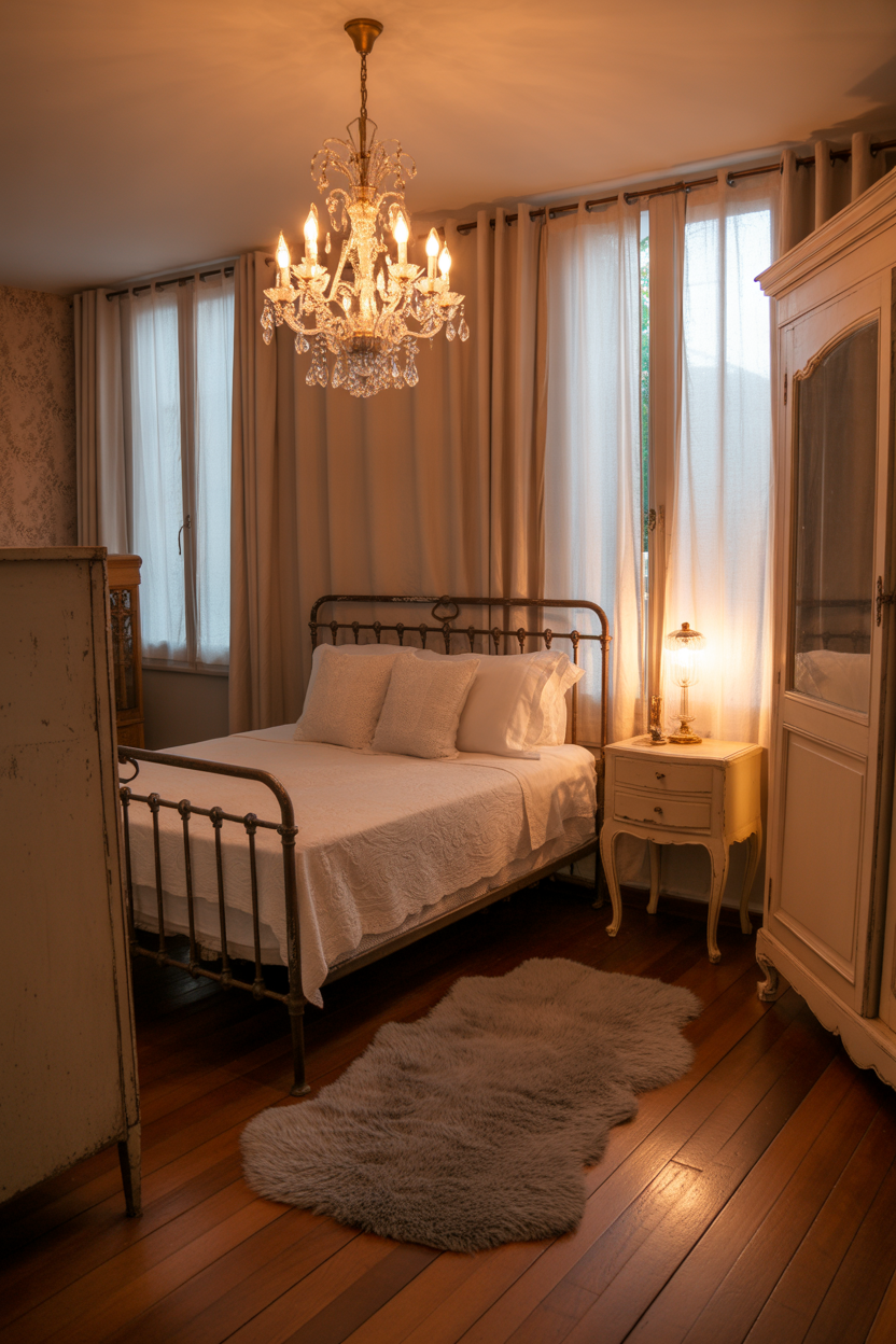 t: chandelier lighting in a French country bedroom