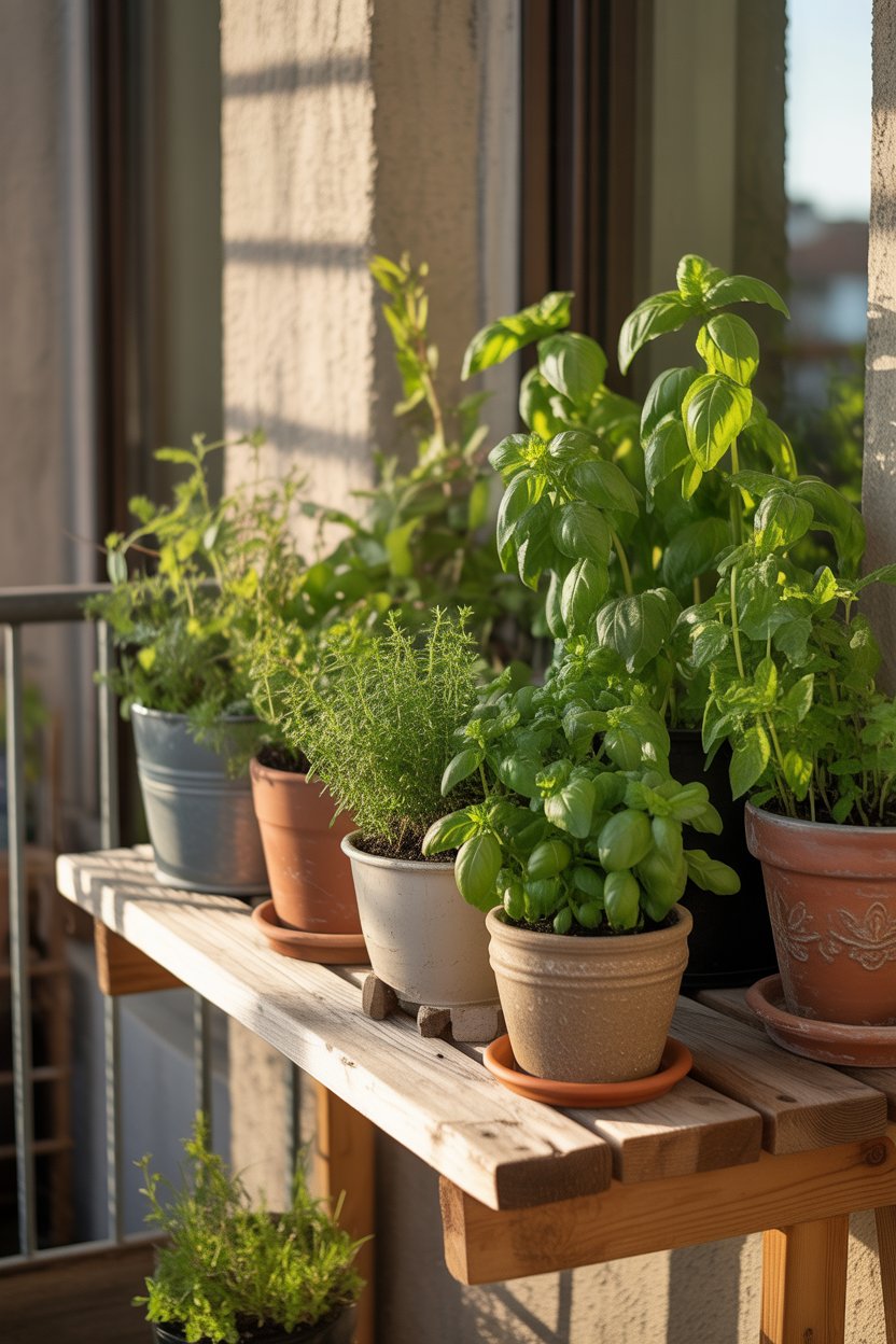 small balcony with herb garden
