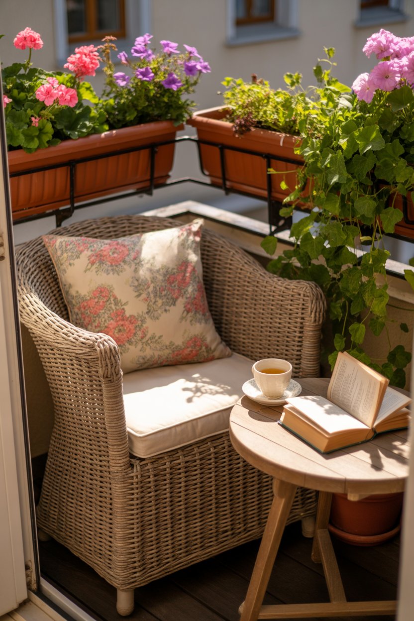 Small balcony reading nook with cozy decor and spring flowers